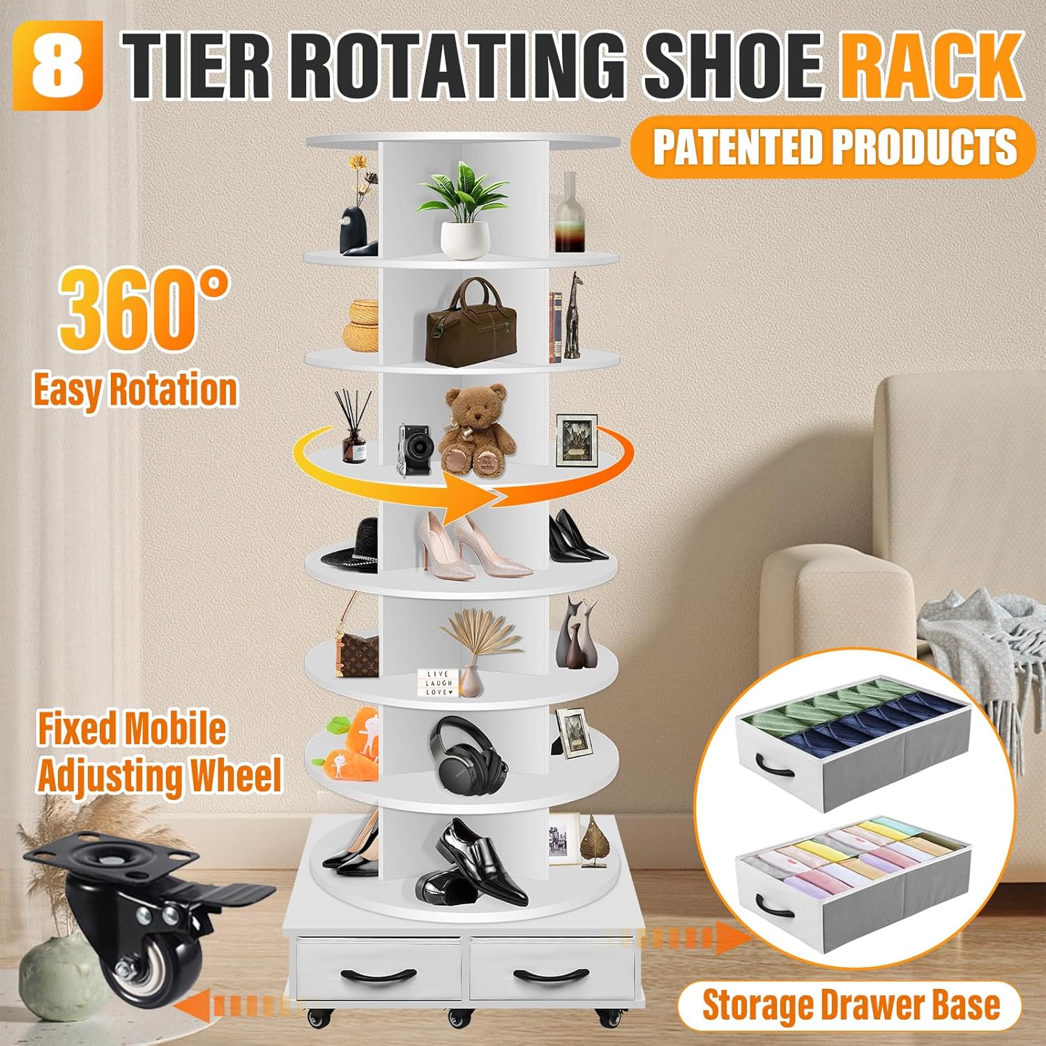 8 Tier Rotating Shoe Rack Tower